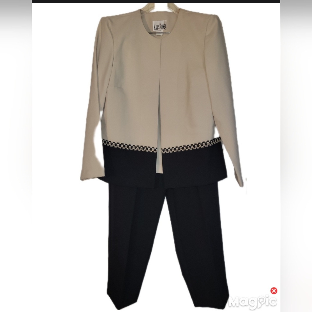 Vintage Karens Korner 3 Piece Pantsuit 14 Petite Beige Black Professional
